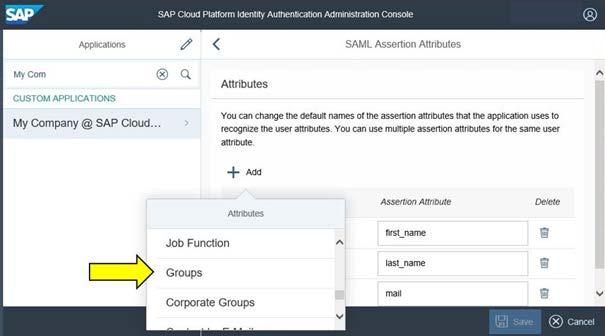 6. Choose SAML Assertion Attributes (see Figures 10 and 11) and enter Groups (capitalized) in the Assertion Attribute field (see
