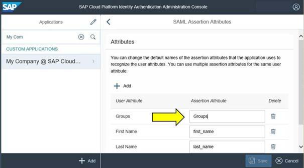 Figure 12: Entering Groups in the Assertion Attributes Field 7. Test the SAML 2.0 configuration using the following URL: https://<tenant_name>.authentication.eu10.hana.ondemand.com/config?