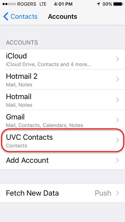 10. You will see your new UVC contacts account listed under the Accounts screen. 11.