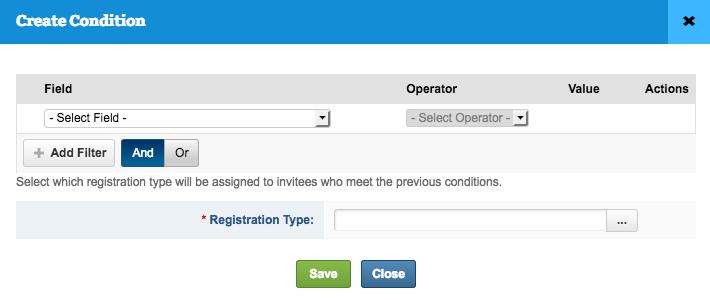 8. Under the Logic section, click Create Condition. 9. Select which field will be used as the criteria an invitee must meet to be assigned a particular registration type. 10.