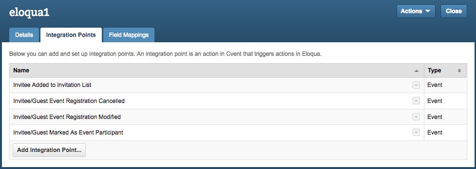 Integration Points An integration point is an action in Cvent that causes specified actions to take place in Eloqua.