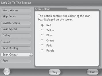 Sound Here you can choose to have the program s sound effects and the scanning sounds on or off. You can also choose whether to have speech support for the text.