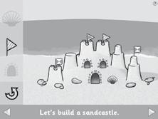 Click on the curly arrow to see some flags and shells to decorate your sandcastle in the same way. (Click on the curly arrow again to go back to the buckets.