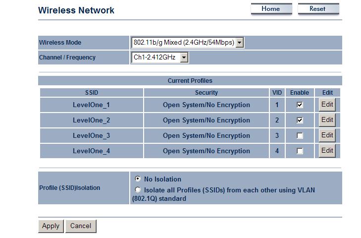Wireless Network The Wireless Network page allows you to configure the wireless mode, channel, SSID, and security settings.