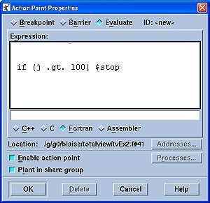 HPCC - Hrothgar 12 Figure 3 Fortan Figure 4 C 6. Click the OK button when completed. The source line and the Process Window's Action Points Pane should now display an EVAL icon (below).