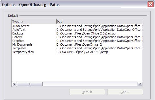 Choosing options that affect all of OOo Figure 7. Viewing the paths of files used by OpenOffice.