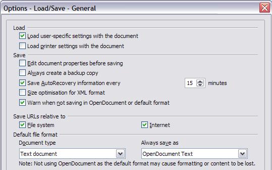 Most of the choices on the Options Load/Save General dialog (Figure 12) are familiar to users of other office suites. Some items of interest are described below. Figure 13.
