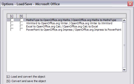 spreadsheets or equations). Select the [L] checkboxes to convert Microsoft OLE objects into the corresponding OpenOffice.