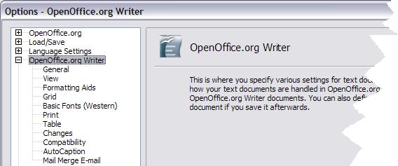 Choosing options for Writer Figure 17: OpenOffice.org Writer Options 1) Choose OpenOffice.org Writer > General on the Options dialog box (Figure 18).