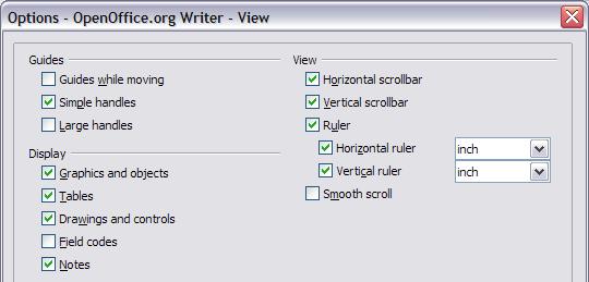 Choosing options for Writer View options Two pages of options set the defaults for viewing Writer documents: View and Formatting Aids (described on page 18). Choose OpenOffice.
