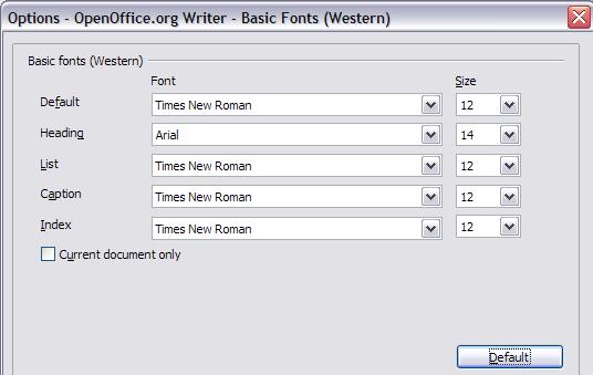 Choosing options for Writer 4) Type the list of fonts, separated by commas, in the boxes. If you want these defaults to apply to the current document only, select that checkbox.