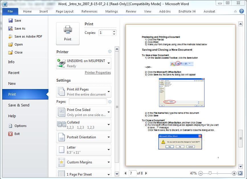 Previewing and Printing a Document 1) Click the File tab 2) Click Print This view