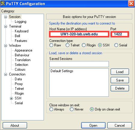 Accessing the CLI (Remotely) On Windows: Run PuTTY with settings: Host: UW1-320-lab.uwb.