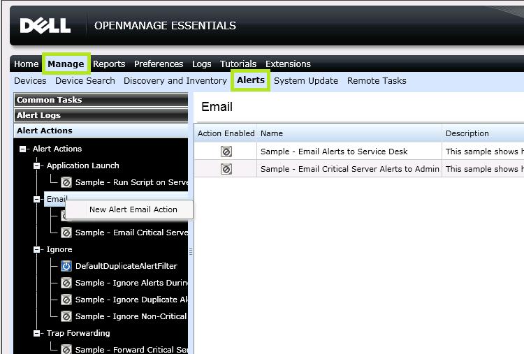 Creating An Alert Email Action 1. Click New Alert Email Action as shown in Figure 2, provide a name and proceed. Creating A New Alert Email Action 2.