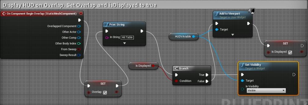 In the next script we add an OnComponent Begin Overlap node for our Static mesh component. We set the overlap variable to true.