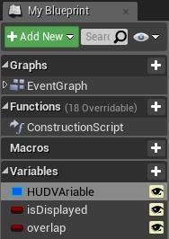 Set the type for isdisplayed and overlap to Boolean and that for the HUDVAriable to User Widget.