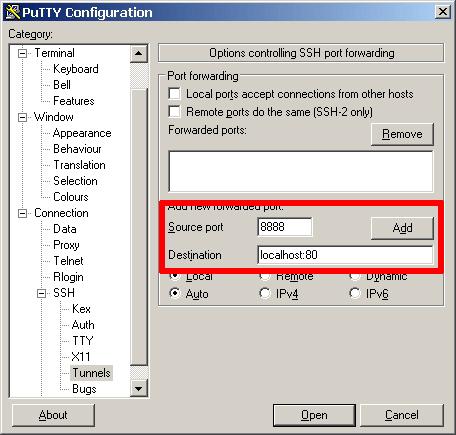 Reconnect to the server using PuTTY, this time adapting the steps to include an additional SSH tunnel.