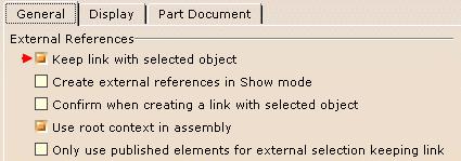 Part Infrastructure for Electrical Harness Installation Page 254 This page deals with the options concerning: the external references: keep link with selected object the specification tree display.