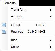 3. Elements Menu Elements Menu Options Transform Select the Transform option to move, rotate or scale, or repeat the previous transform on the currently selected element(s).
