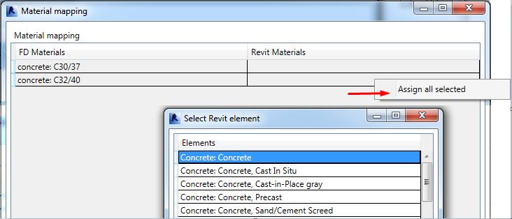 It is also possible to perform multiple mapping, i.e. select the same material / section / type / etc. to a several elements imported from FEM-Design.