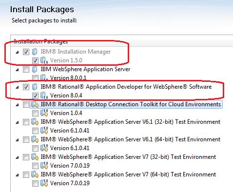 5. From the Install Packages screen Uncheck the following software so it will not be installed: IBM WebSphere Application Server IBM Rational Desktop Connection Toolkit for Cloud Environments IBM
