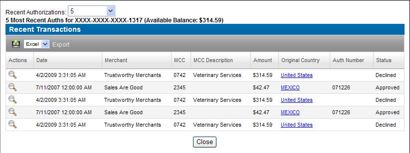 CARD MANAGEMENT MODULE (Cont.): Recent Activity: You can view the most recent authorizations/declines on the card account as well as the real time available balance.