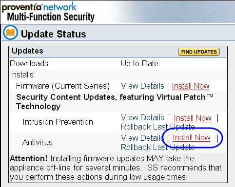 When the Update Status page reappears, click Install Now for Antivirus. 9.