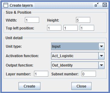 Build the input layer, as follows, selecting a height of 5 neurons of type Input. Then hit Create. 4.