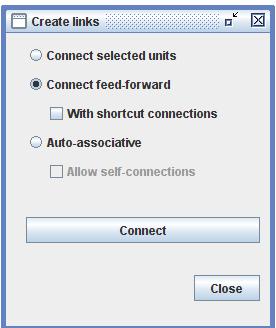 7. Those are the neurons, now we need to build the connections. In the Tools menu, pull down Create Connection. In the box that pops up select Connect feed-forward, then hit the Connect button.