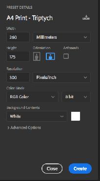 1. In Photoshop CC you will see that there are a number of different file sizes to choose from. [See Fig 1.] If one of those suits your requirements click on it and a fresh document will open.