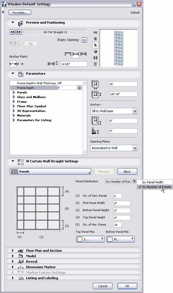 The Window Settings dialog box comes up. In the left section, browse for 08 Doors-Windows/Building Structures/ Curtain Walls 11. Select the only W CW Straight 11 object.