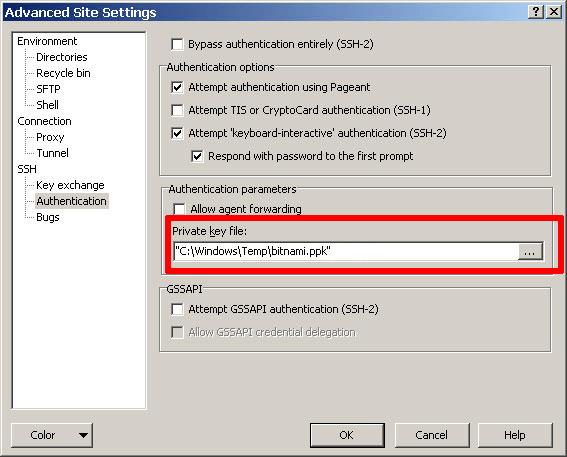 Click the "Advanced " button and within the "SSH -> Authentication -> Authentication parameters" section, select the private key file for the server.