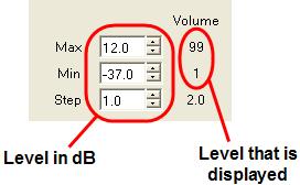 Figure 5.28 - Volume properties dialog box Specify the Maximum volume, Minimum volume and Step size in decibel values in the boxes to the left.