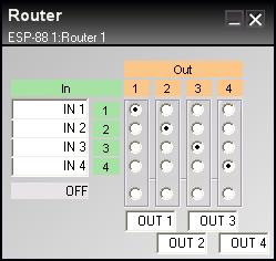 Figure 7.26-4X4 Router control panel To route a given input signal to an output, press the button underneath the output number. To turn the output off, press the button in the OFF row.