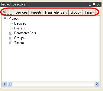 Use the tabs at the top of the Project Directory window to select a sub category of objects in
