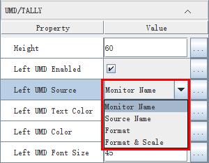 CMYK, click one tab to set a color. UMD Source: set Left UMD source and Right UMD source from Monitor Name, Source Name, Format, Format & Scale.
