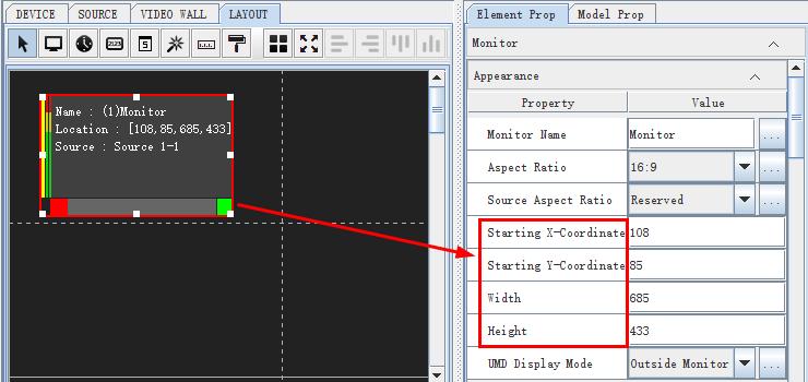 5-72 Add a Monitor Window Element with accurate size: first use the monitor tool to add an element window, then click to select the element window in working area, it will display its properties