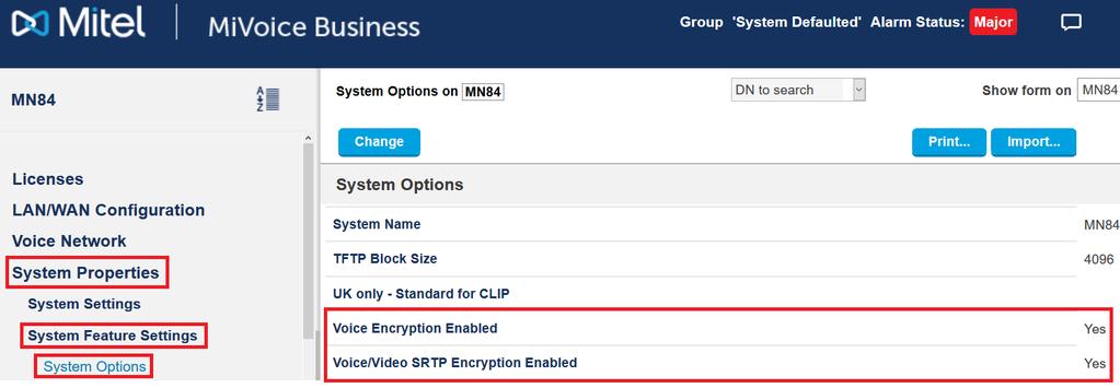 Enabling Voice Encryption in MIVB Figure 14 Station Attributes System Properties System Feature Settings System Options -> Last 2 settings Set Voice Encryption Enabled and Voice/Video SRTP Encryption