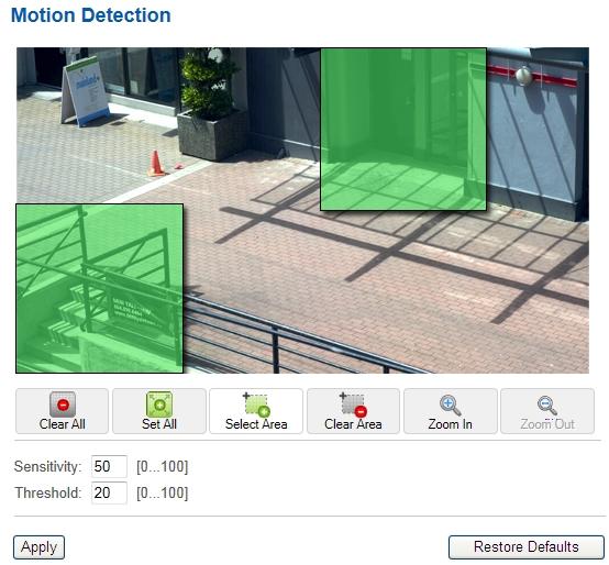 Motion Detection On the Motion Detection page, you can define the green motion detection areas in the camera s field of view. Motion detection is ignored in areas not highlighted in green.