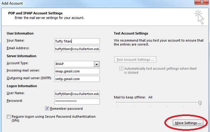 Step Four Enter the following information to configure the email settings: Account Type: IMAP