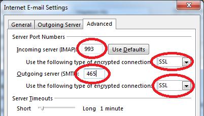 Step Six Under Advanced tab Change the Incoming Server (IMAP) port to 993, and the Outgoing Server (SMTP) to 465.