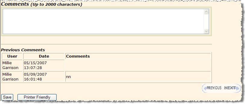 As with all data entry tabs, this one ends with an optional comments field and a record of other comments previously entered on this tab.