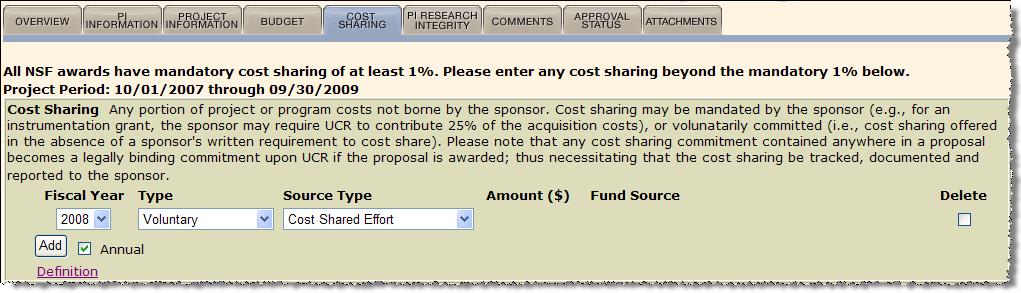(Note the comment above the Cost Sharing explanation is specifically related to NSF grants only, and would not be displayed if a different agency were selected.