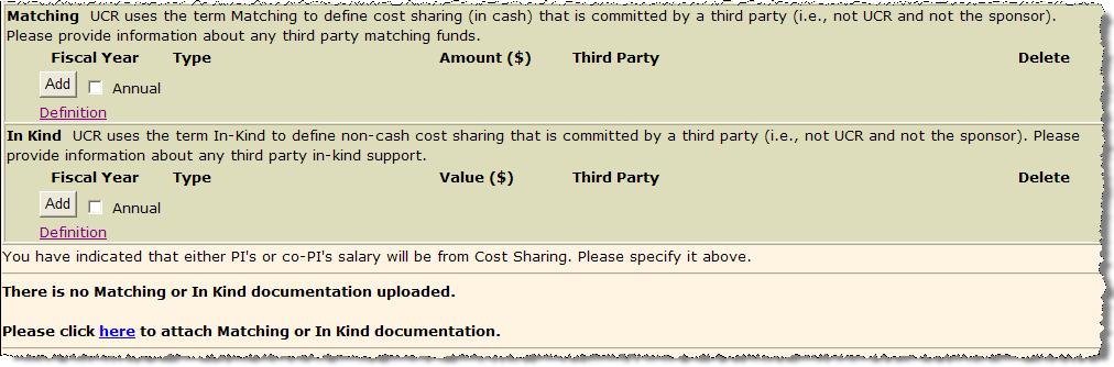 Enter any Matching and In Kind cost sharing information in the same manner as described above.
