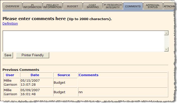 05/29/2009 PAMIS ecaf Analyst User Guide Slide 53 This is the COMMENTS tab, which begins with a box for