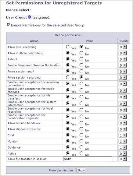 4. To enable the policies, click Enable Permissions for the selected User Group.