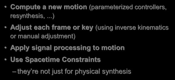 Parameters can be reapplied But the result may be different Previous Work Compute a new motion (parameterized controllers, resynthesis,.