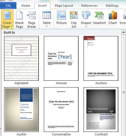 Cover Pages On reports or other documents, you may need to include a title, or cover page. In Microsoft Word, there are several cover pages preformatted with titles, subtitles, authors, etc.