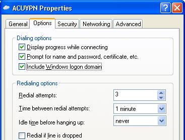 10. The ACUVPN Properties Window will appear. Select the Options tab at the top.