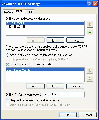 14. In the Advanced window, select the DNS tab at the top and go straight to the DNS suffix for this connection.